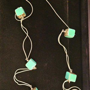 Bold Necklace with blocks, Silver color with turquoise enamel